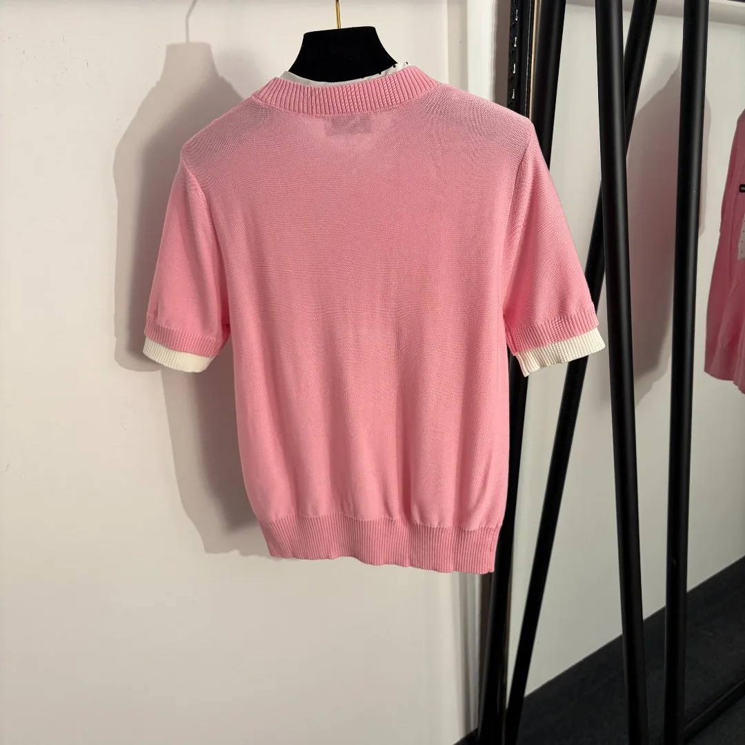 

Women's new collar logo letter bow short sleeved wool knit sweater round neck top