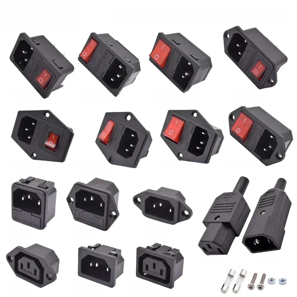 Prise de courant d'entrée IEC 320 C13 C14, connecteur électrique mâle femelle à 3 broches rechargeable avec interrupteur à bascule de lampe rouge, fusible 10A