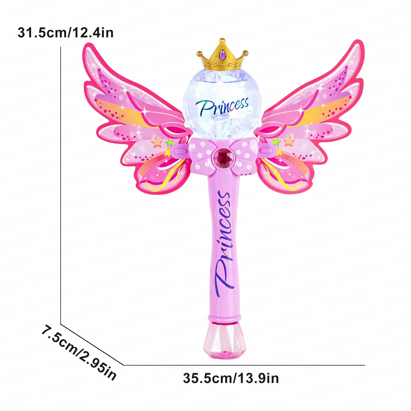 Princess Butterfly Bubble Wand for Girls, Pink Crown Fairy Toy, Birthday Party Gift, Batteries and Bubble Solution Not Included