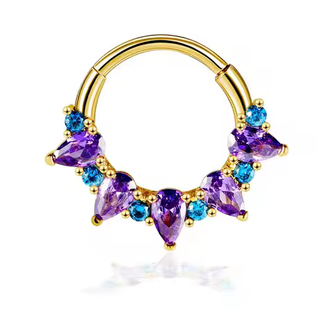 16G (1.2mm) Septum Ring Clicker CZ Hinged Nose Ring 10mm Titanium Steel Hoop Purple Blue Zircon Silver/Gold