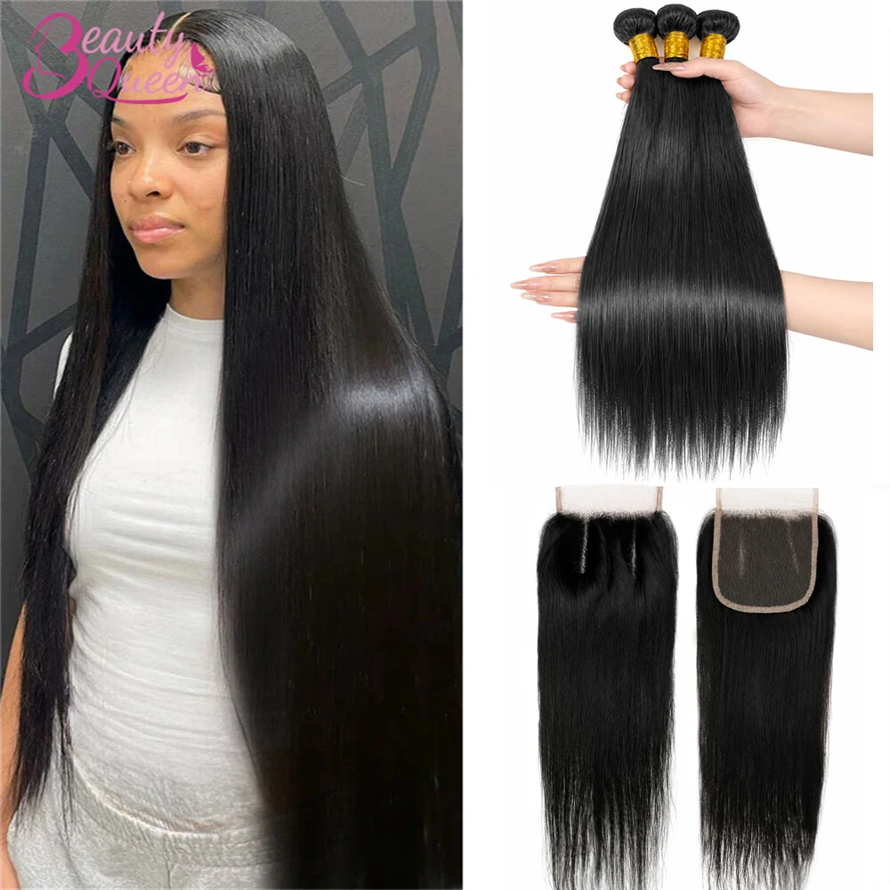 Burmese Straight Human Hair Bundles With 4x4 Pre Plucked Lace Closure Hair Extensions Weavings 3 Bundles With Closure For Women