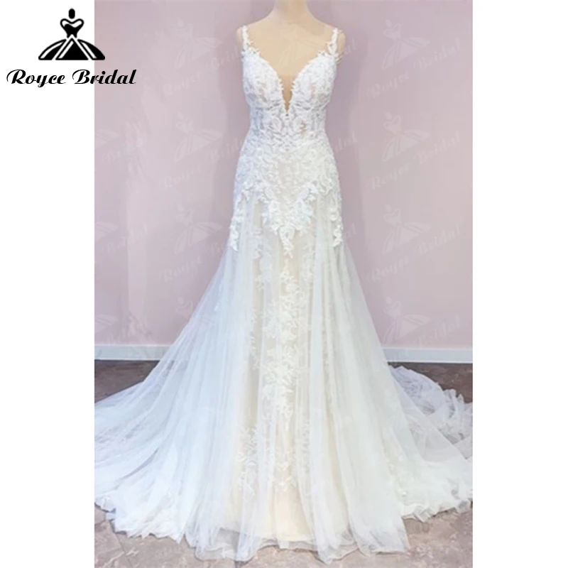 Requintado decote em v alças de espaguete sem costas botão de renda apliques a linha vestido de casamento tule vestido de noiva varrer robe de mariée