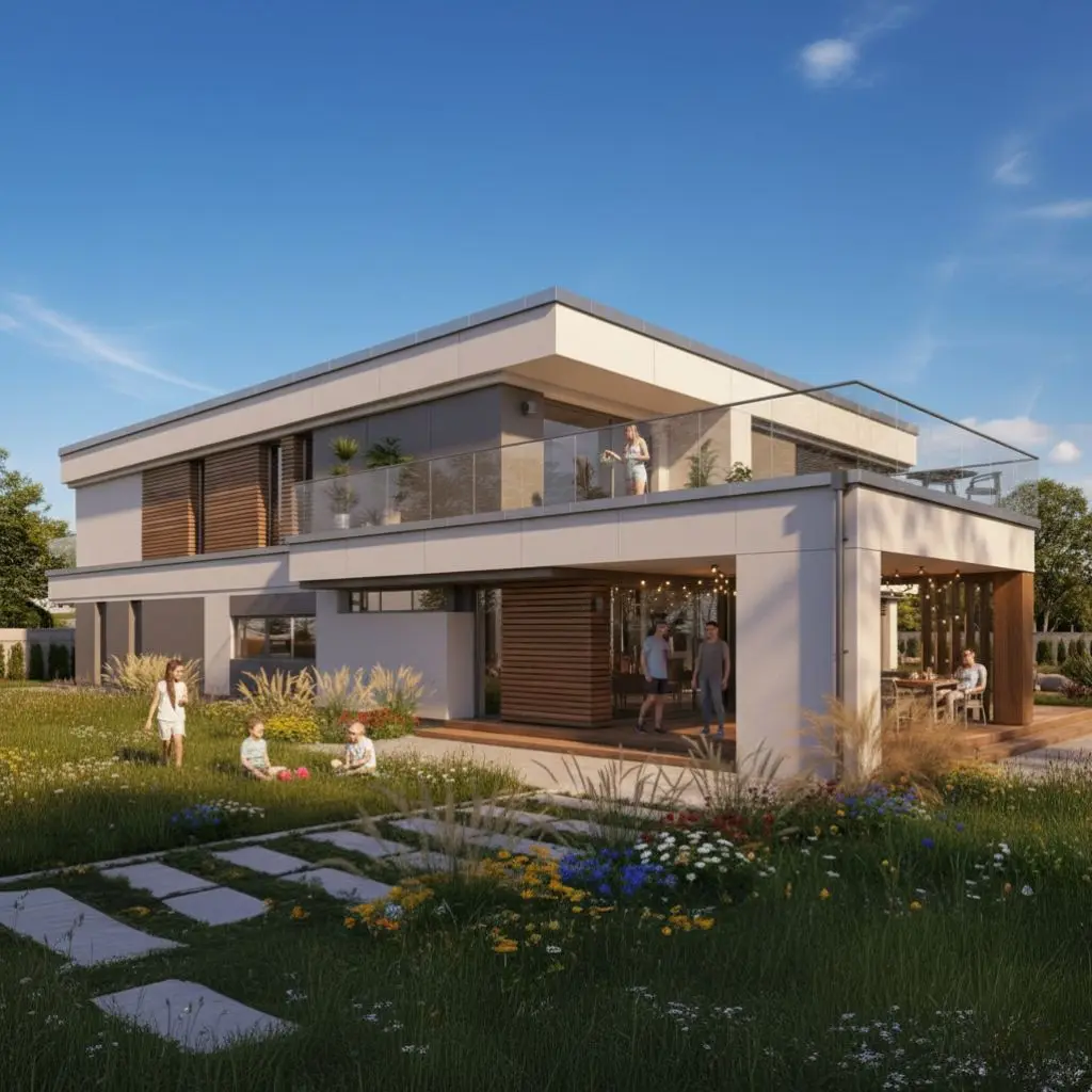 

Планы с принтом Modern House — дизайн современной виллы 15 x 23 м (410 м2) | 4 спальни + лофт, гараж (только печатные планы)
