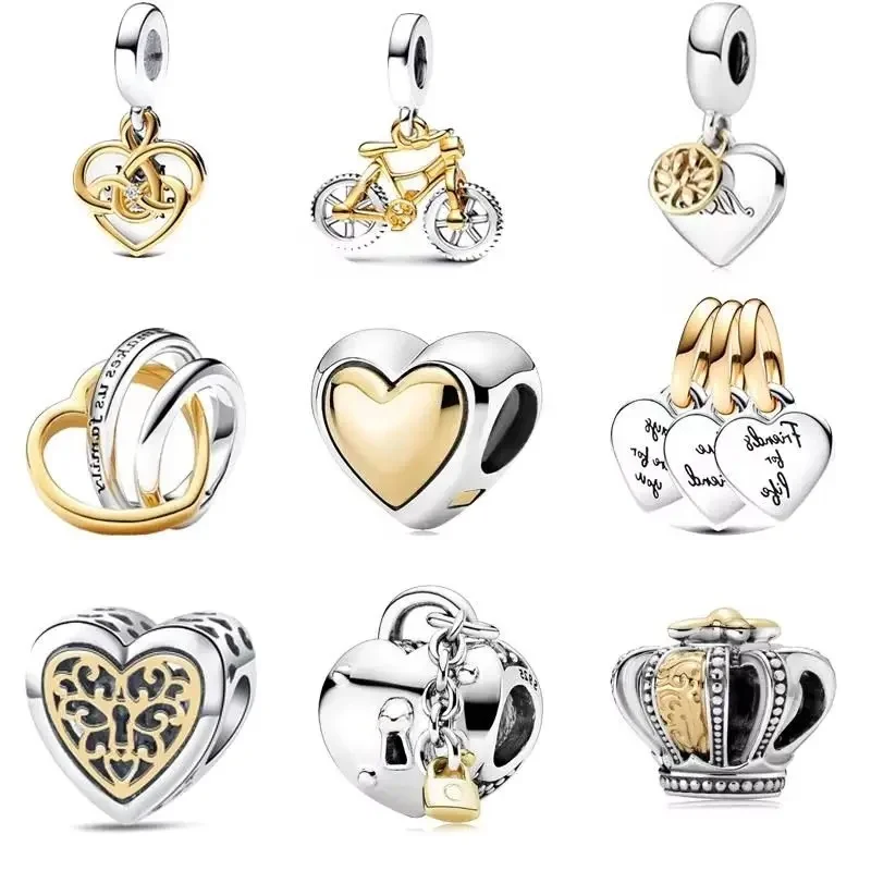AliExpress AIFEILI Hot Sales 925 Sterling Silver Charm Silver And Golden Crown Bicycle Zircon Fit Original Pantaro Bracelet For Women Jewelry Gift