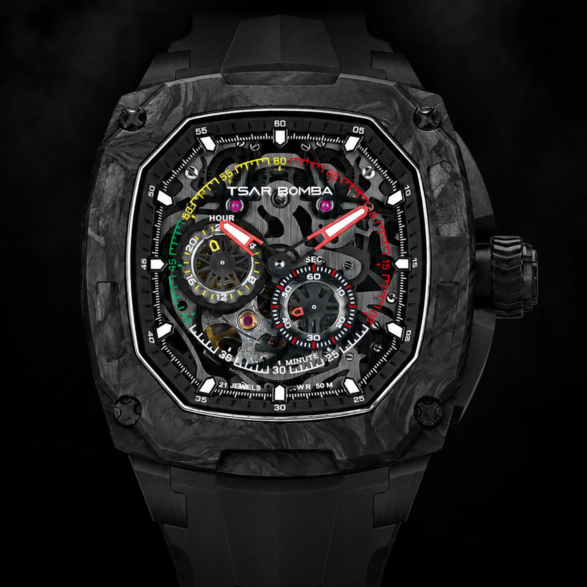 Luxury Watch Rubber Strap - TSAR BOMBA Automatic Skeleton Watch for