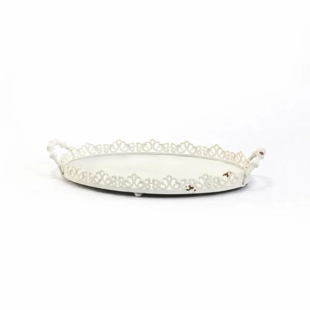 

Vintage White Metal Tray with Handles, Distressed Oval Decorative Serving Tray for Coffee Table, Vanity, Farmhouse Decor