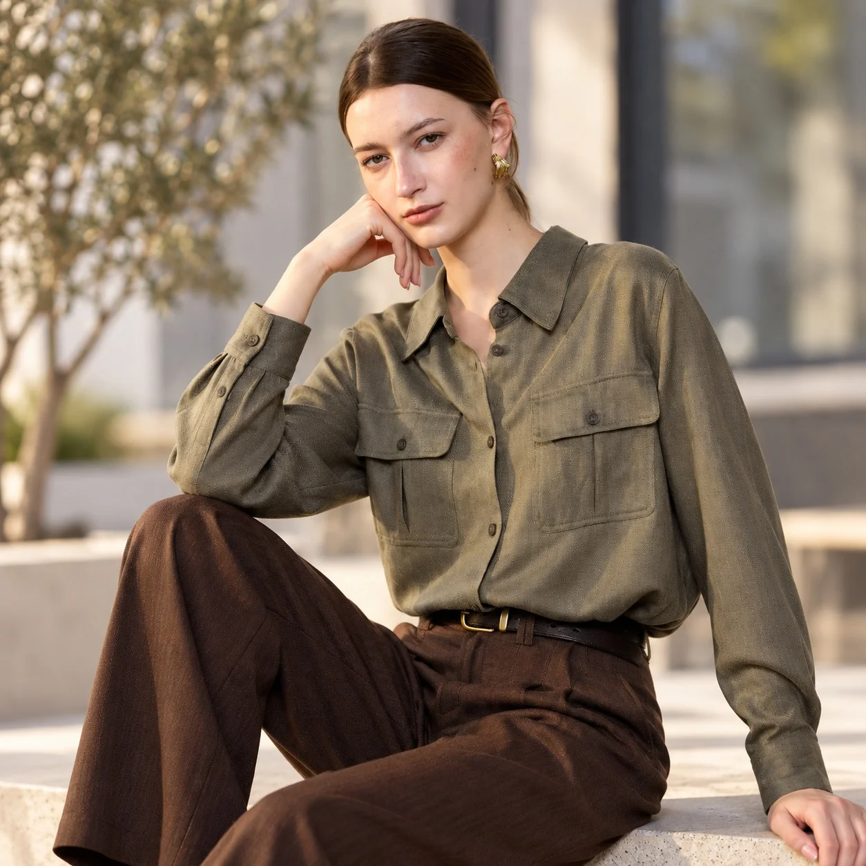 V Neck Long Sleeve Shirt Regular Fit Elegant Professional with Wrinkle Finish Standard Length Graceful Elegant Women Blouse