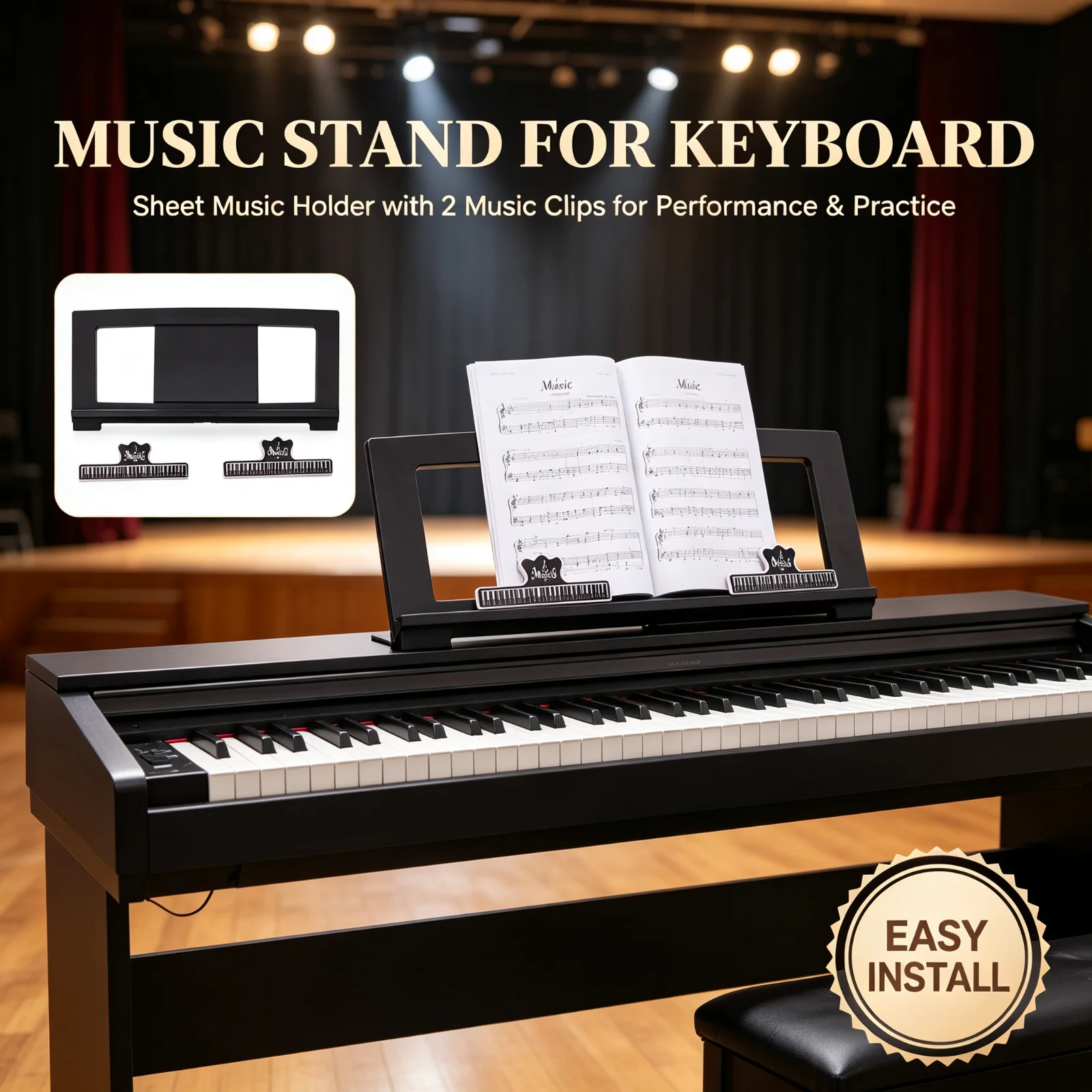 Electronic Piano Stand Black Keyboard Stand with Clips Rectangular Frame Musical Instruments & Gear for Electronic Keyboards