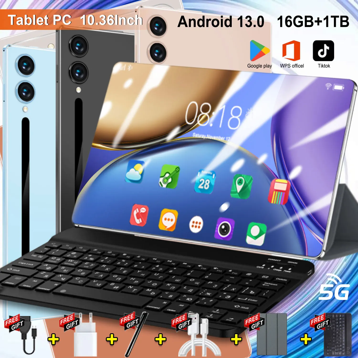 Tablette de jeu version globale 2026, 10,36 pouces HD 4K, Android 13, 16 Go + 1 To, 20000 mAh, 5G, double SIM, appels téléphoniques, Wi-Fi, GPS