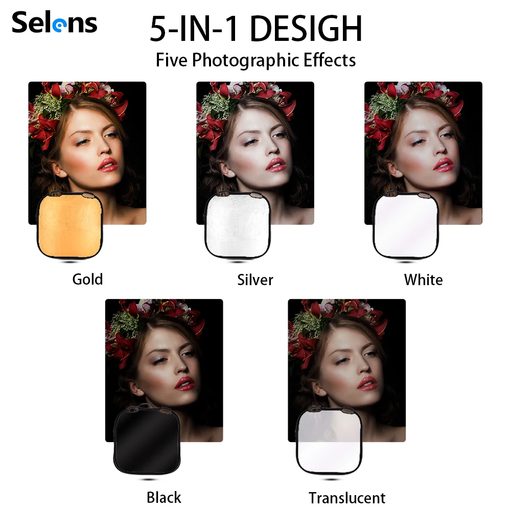 Selens Photography Light 5 in 1 Reflectors Lighting Diffuser Collapsible Square Reflectors with Handle for Photo Studio