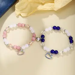 2 pcs of Cute cat Pendant Heart Shaped Magnet Bead Elastic Couple's Bracelets, Bff Trendy Jewelry Gifts