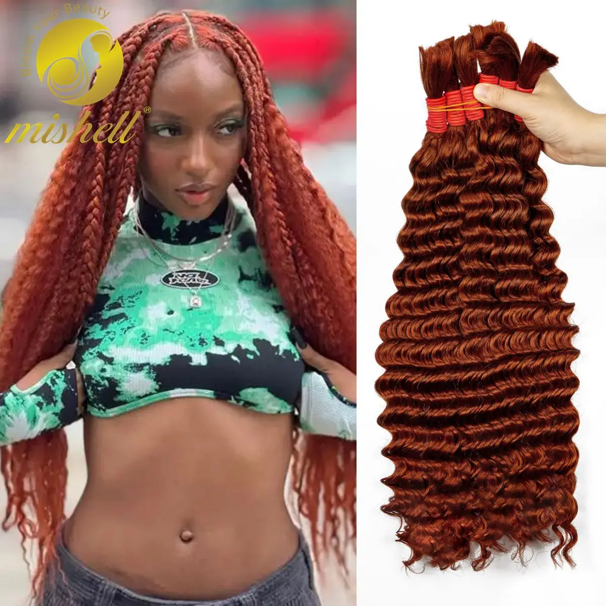 350# Ginger Deep Wave Boho Braids Human Hair Bulk No Weft 100% Brazilian Human Hair Bundles Full Ends For Boho Braids