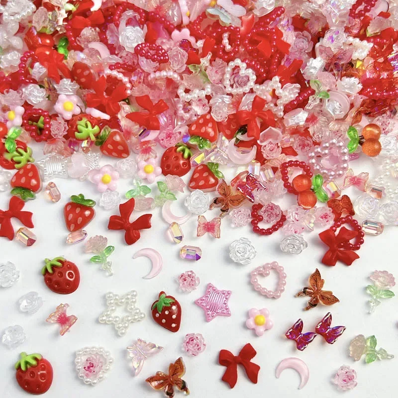 100pcs zufällige gemischte Erdbeer blumen Nagel Charms süßes Harz Flatback Mond Nail Art Dekoration Zubehör Maniküre DIY