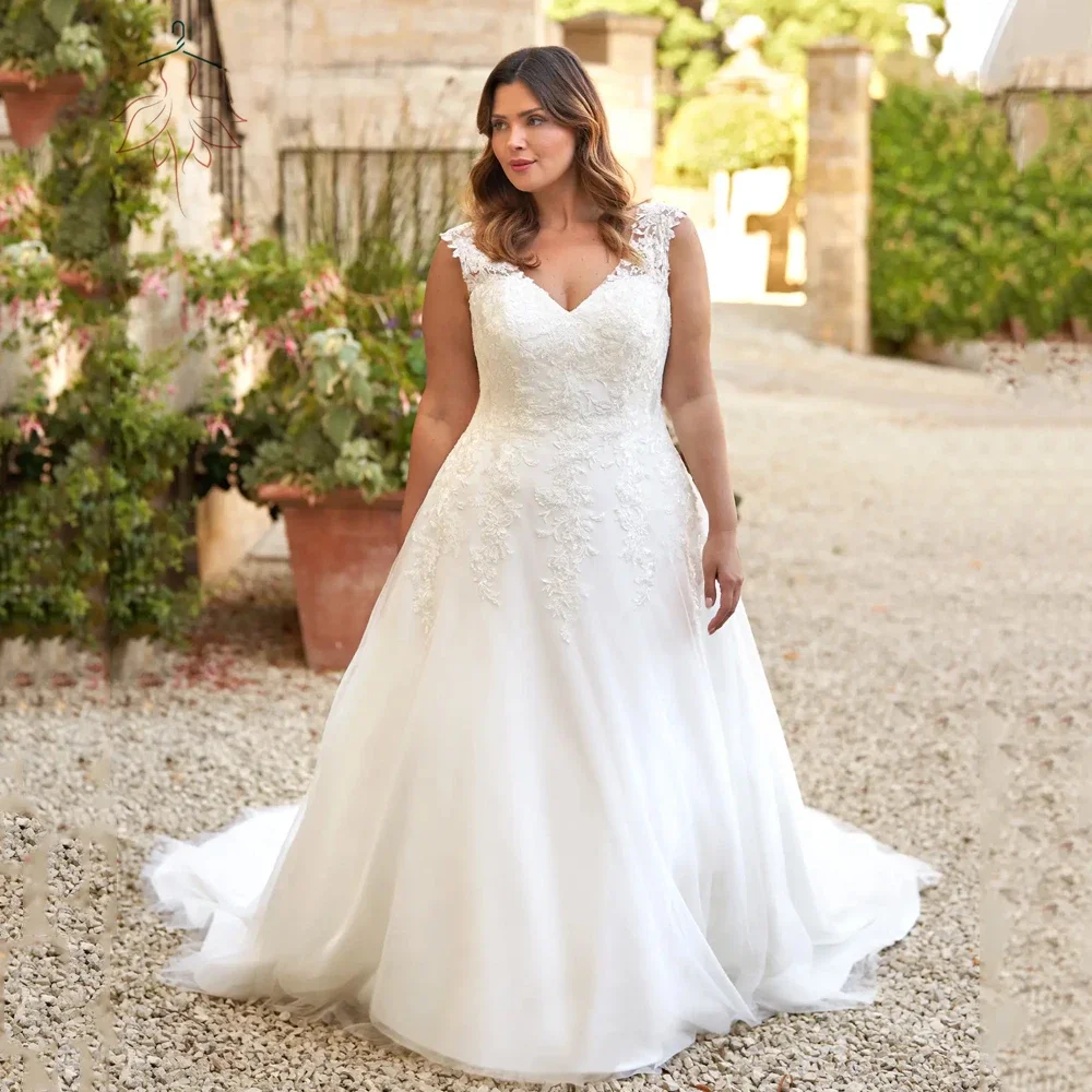 Aangepaste ivoor trouwjurken plus size v-hals mouwloze bruidsjurken vrouw applicaties sweep trein a-lijn vestidos de novia - afbeelding 2