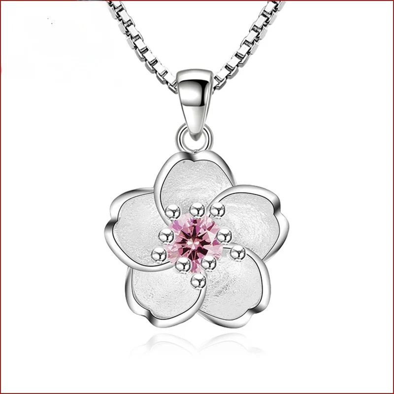 

Cherry Blossom Flower Pendant Necklace – 925 Silver Plated Chain with Pink/Purple Crystal
