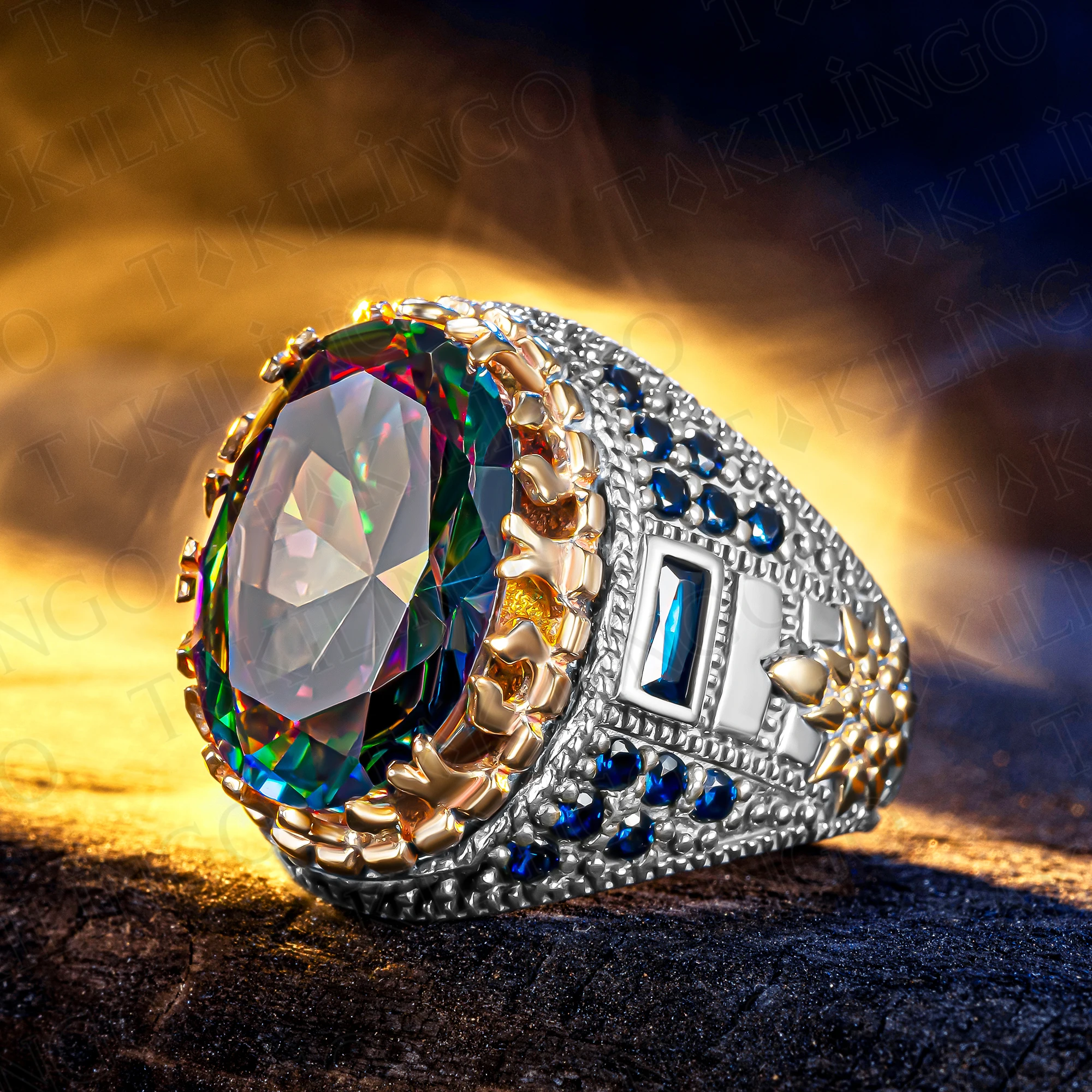 925 Sterling Silver Oval Shape Mystic Topaz Stone Turkish Men Ring With Side Cubic Zircon Gemstone Ring