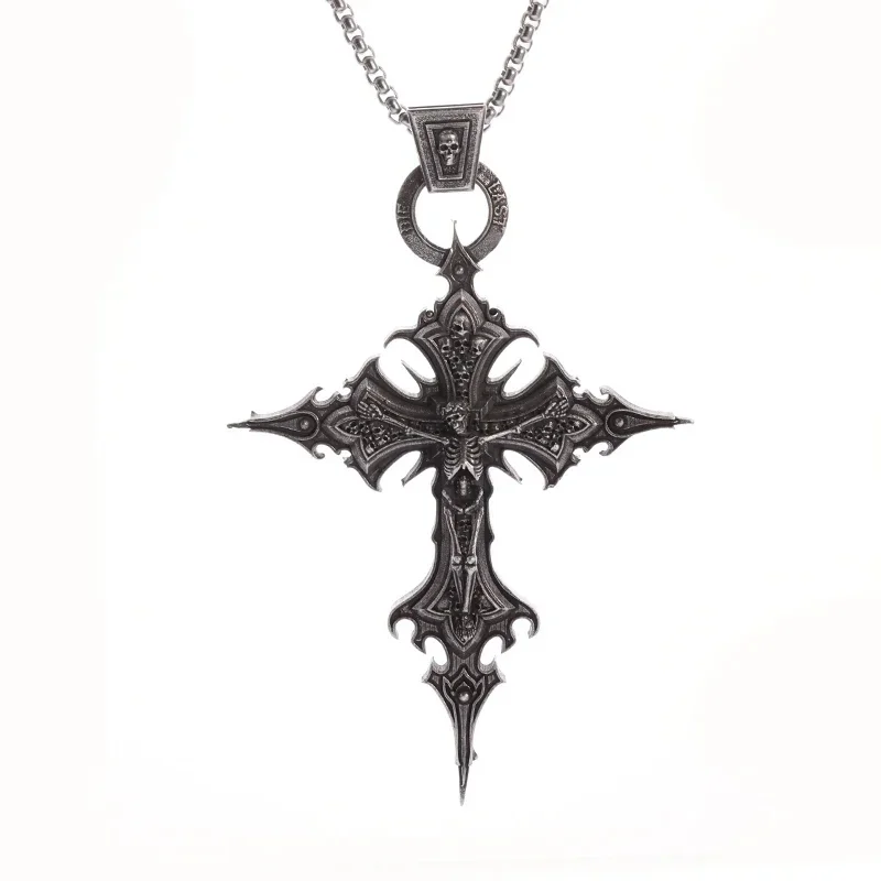 Collier gothique Vintage avec pendentif tête de mort, croix de jésus, bijoux catholiques pour hommes, collier amulette religieuse Punk