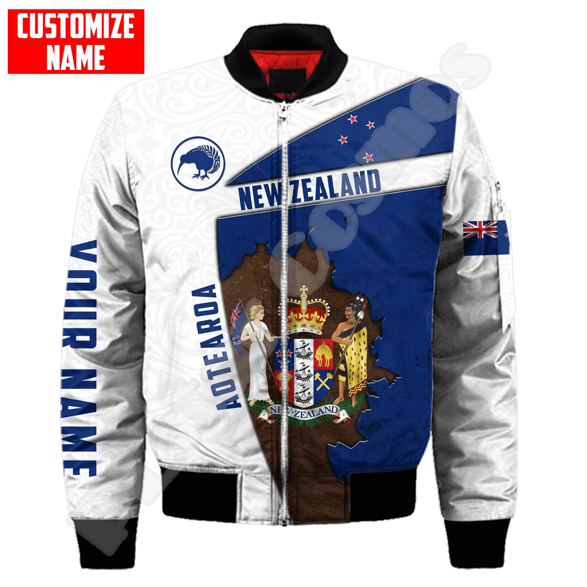 

Custom Name Country Flag New Zealand Aotearoa Maori Tattoo Retro Winter Overcoat 3DPrint Windbreaker Harajuku Bomber Jacket XA2