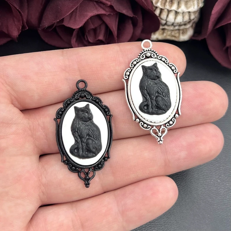 4pcs 42*24mm Vintage Gothic Black Cat Cameo Charms Halloween Witch Pendant Fit Jewelry Making DIY Jewelry Findings