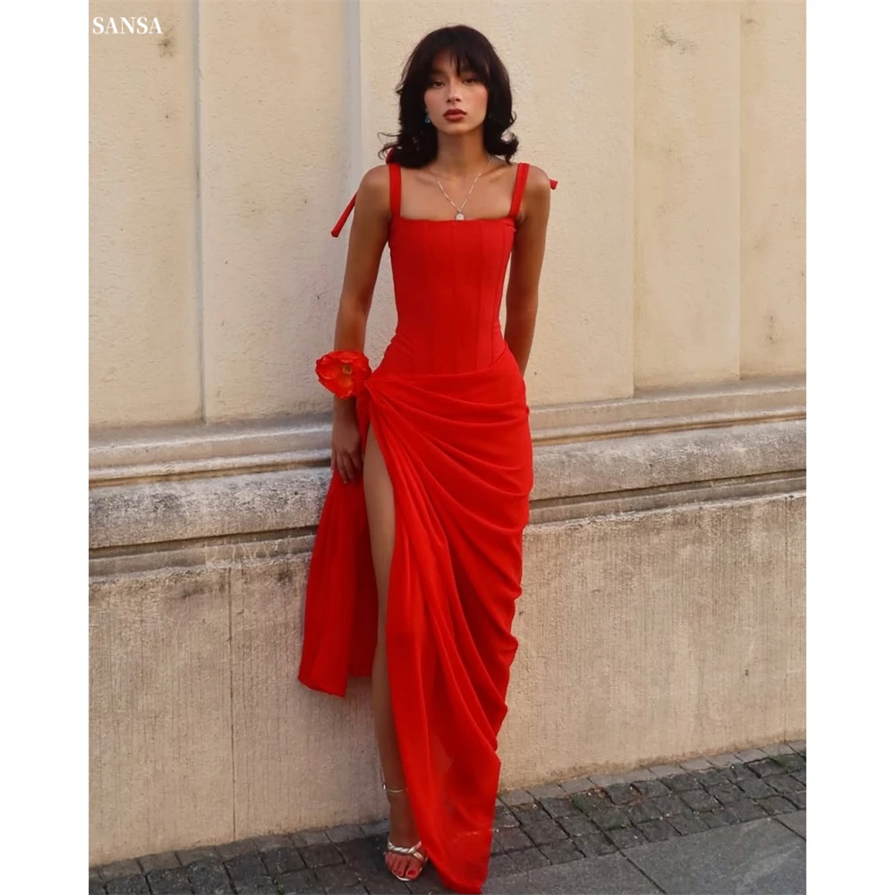 

Sansa Customized Orange-red Mermaid Spaghetti Strap Side Split Prom Dress Pleats Sleeveless Vestidos De Noche Ankle-Length Gown