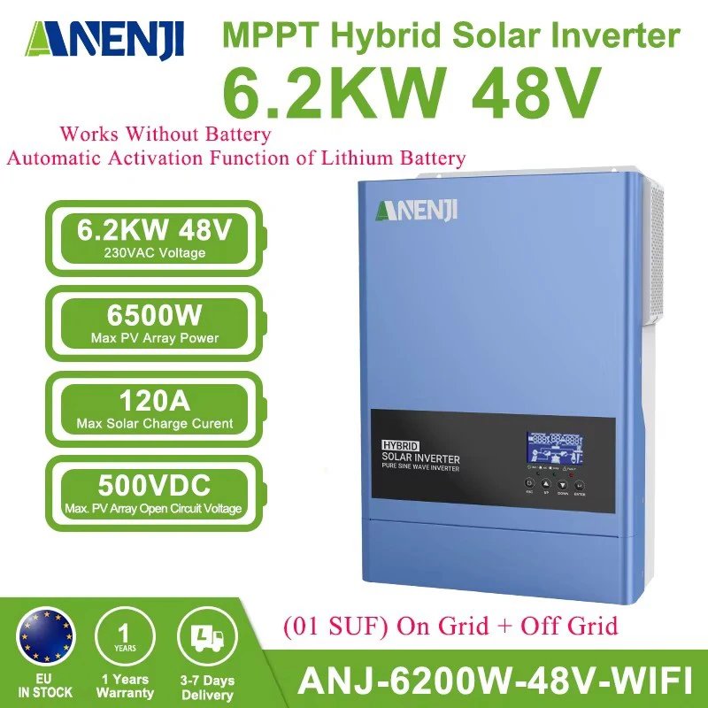 6.2kw 48 V hybrid solar inverter 12V 2KW 230VAC MPPT Pure Sine Wave Inverter 60 A 120A Solar Charger PV 60-500VDC with WiFi
