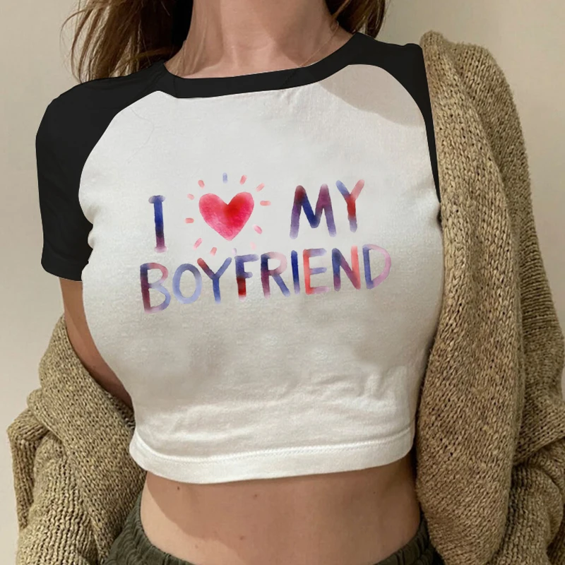 

I Love My Boyfriend Funny Letter Print T-shirt American Retro Streetwear Y2K Crop T Shirt Raglan Sleeves Women's Short Tshirt