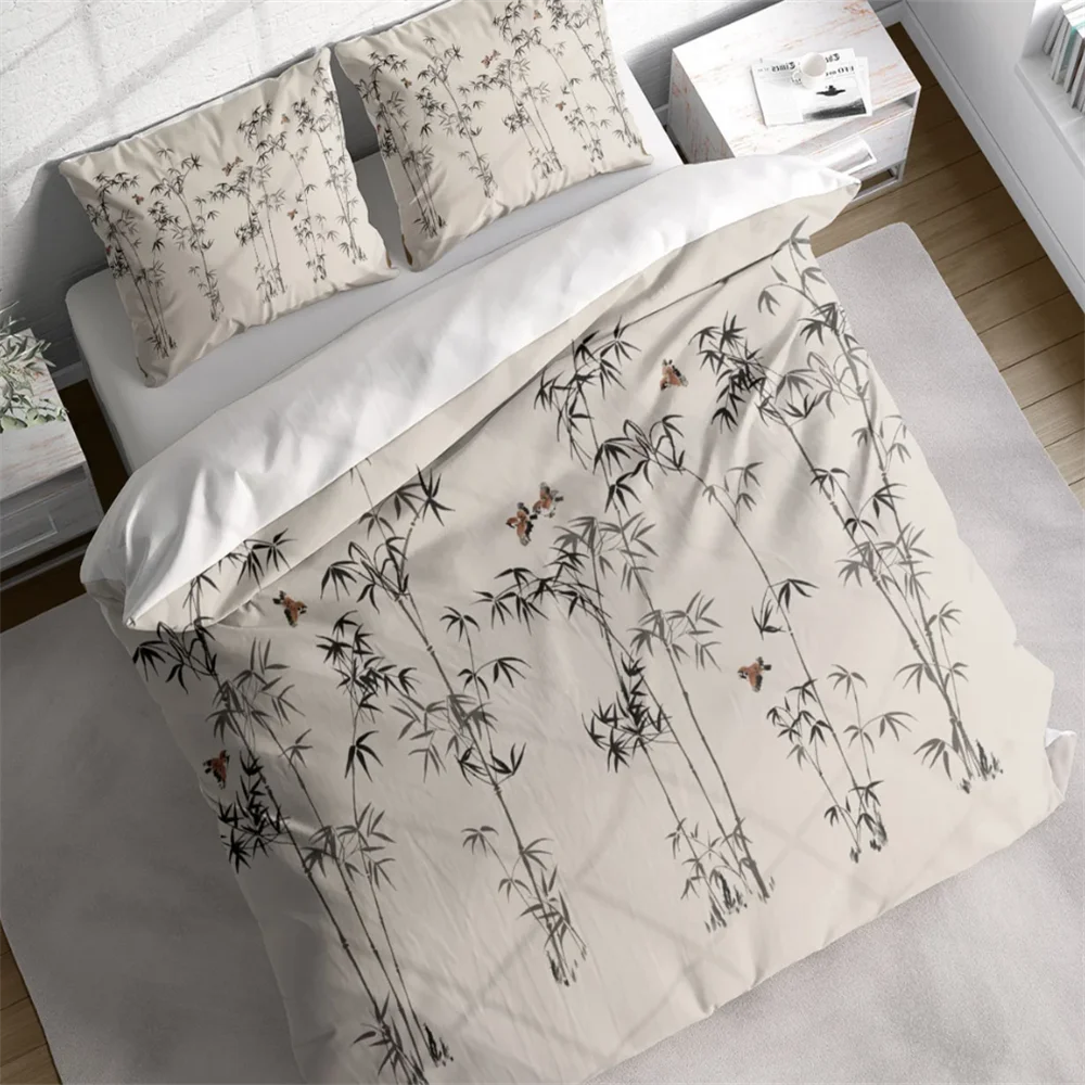 Japanese Bamboo Birds Duvet Cover Set w Pillowcases, Chinese Botanical Floral Nature Quilt Cover, Single Double Full Queen King