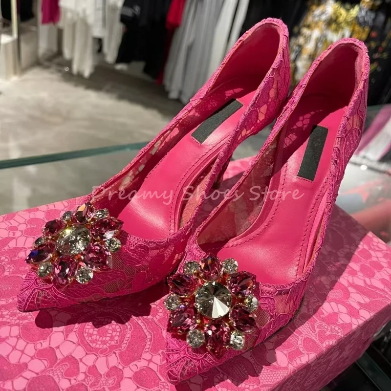 الوردي لامعة حجر الراين الدانتيل وأشار رقيقة عالية الكعب المرأة كريستال زهرة الانزلاق على مضخات فاخرة أنيقة مأدبة الزفاف فستان الأحذية #1