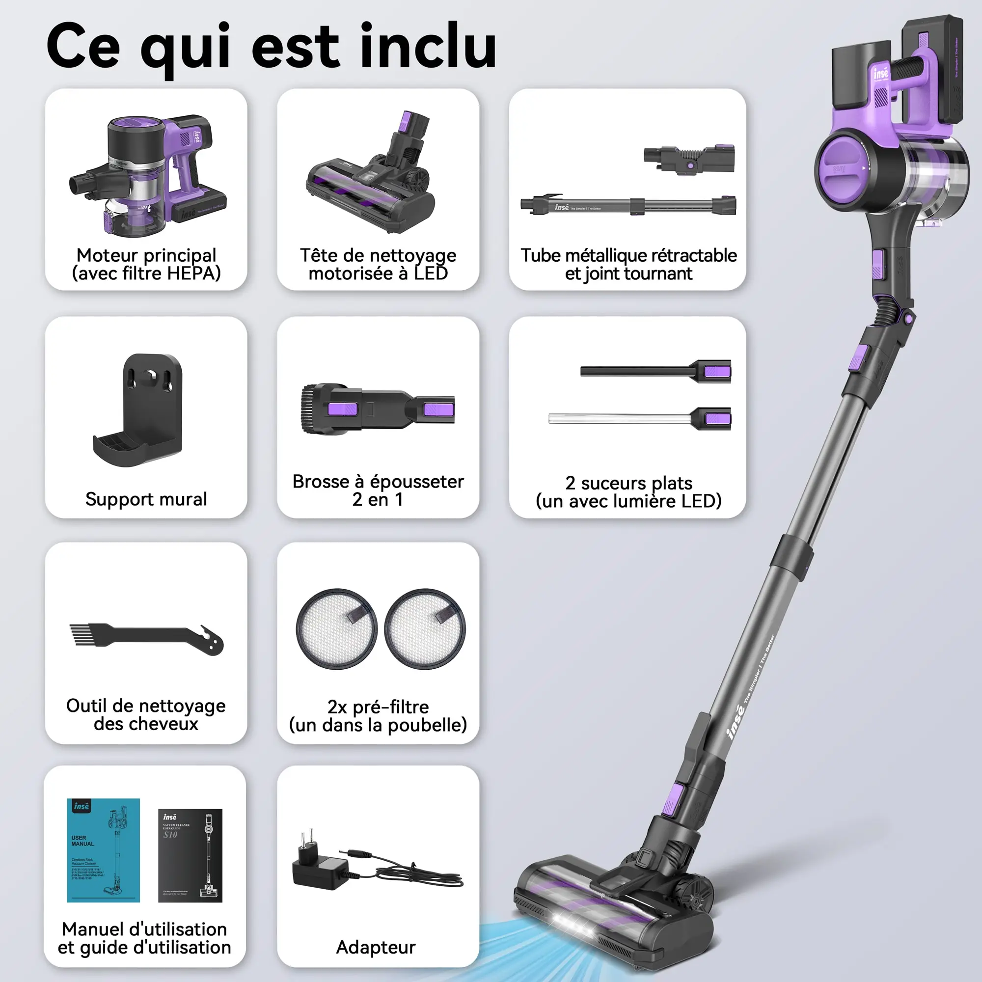 INSE Cordless Vacuum Cleaner, 30Kpa 350W Foldable Bagless Upright Vacuum Cleaner for Pet Hair Carpet Car Hard Floor