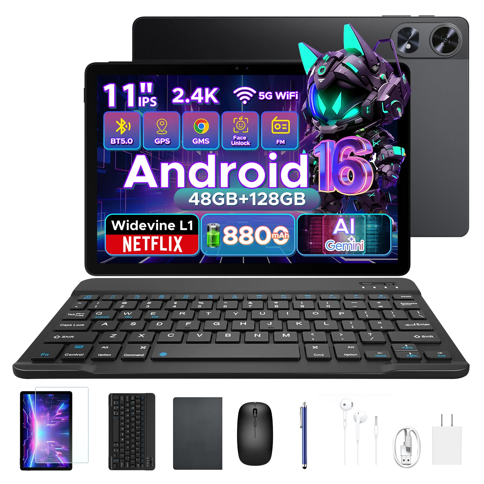 POCKAM P11 Pro Android 16 Tablet 11 Inch Tablet 2.4K FHD+ 90Hz Display 48GB RAM 128GB ROM 8800mAh Battery Gemini AI Widevine L1