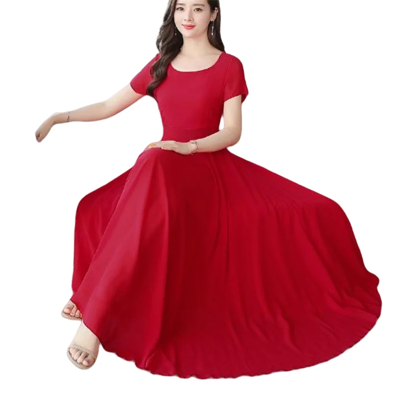 

Women's Short Sleeve O Neck Summer Dress, New Temperament Chiffon Self-cultivation Beach Dress, Big Slimming Loose Dress