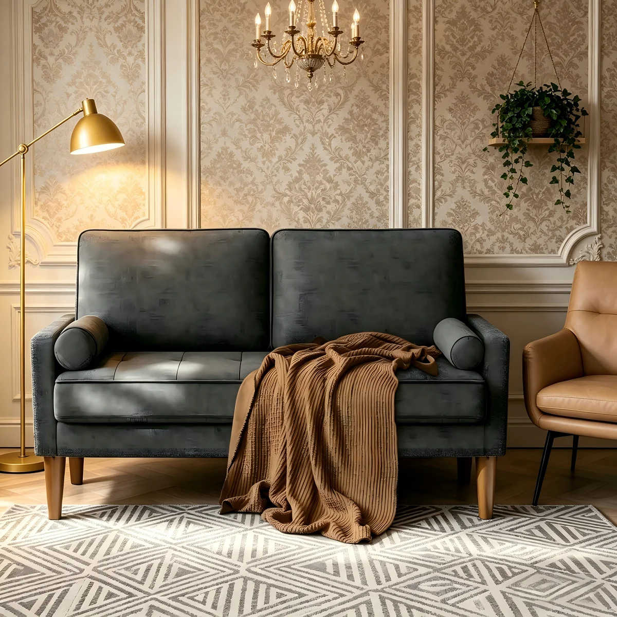 Canapé petit 2 places de 121 cm avec accoudoirs, adapté pour petit espace, assise à ressorts, modèle fixe pour salon moderne