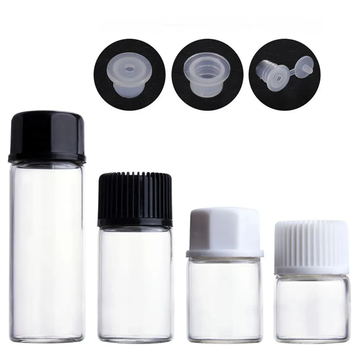 Butelki szklane z reduktorem otworu 10X 50X, przezroczyste, małe butelki z drobnym otworem, mini fiolki, próbki perfum, olejków eterycznych, 1ml ~ 10ml — zdjęcie 2