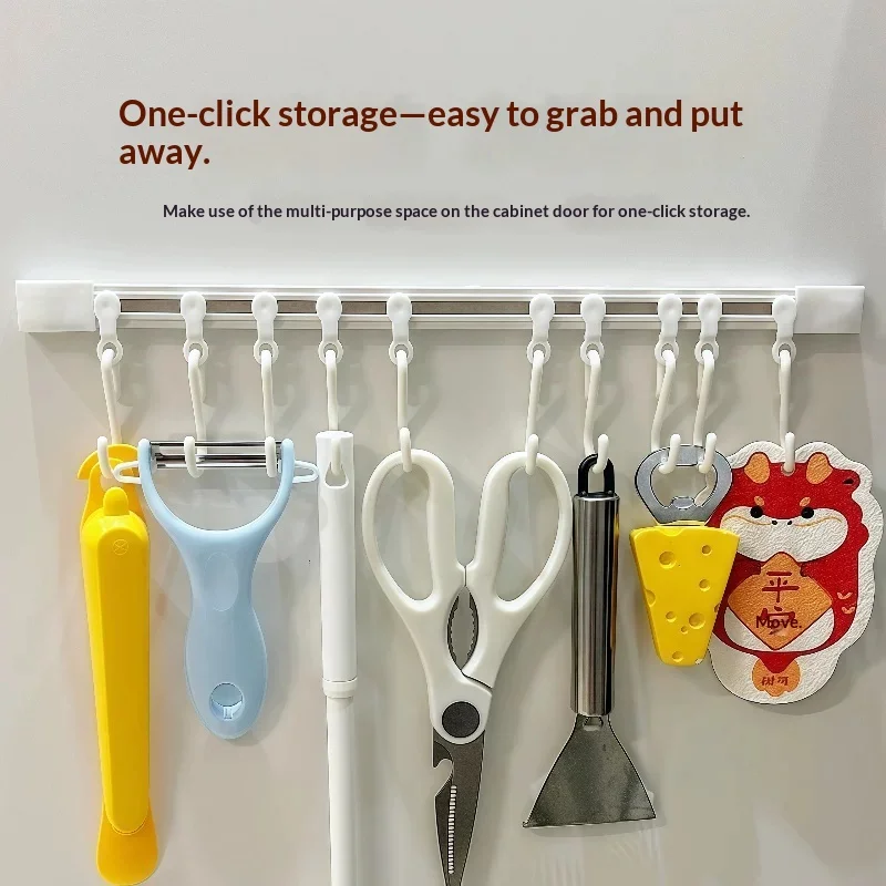 Punch Free Sliding Track Hooks Kitchen Cabinet Door Hanger Adhesive Row Hooks Space Saving Utensil Storage Organizer