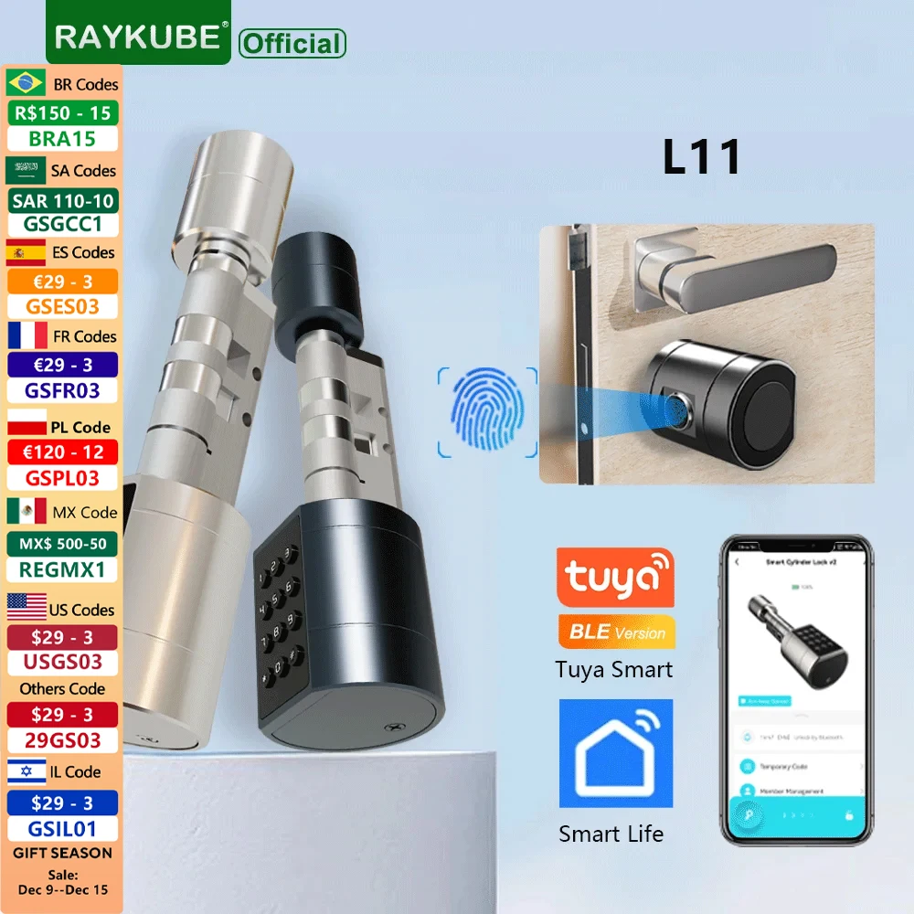 

RAYKUBE L11 TT Lock BLE Fingerprint Cylinder Digital Door Lock With Adjustable Cylinder Length Password/Key/TT Lock APP Unlok