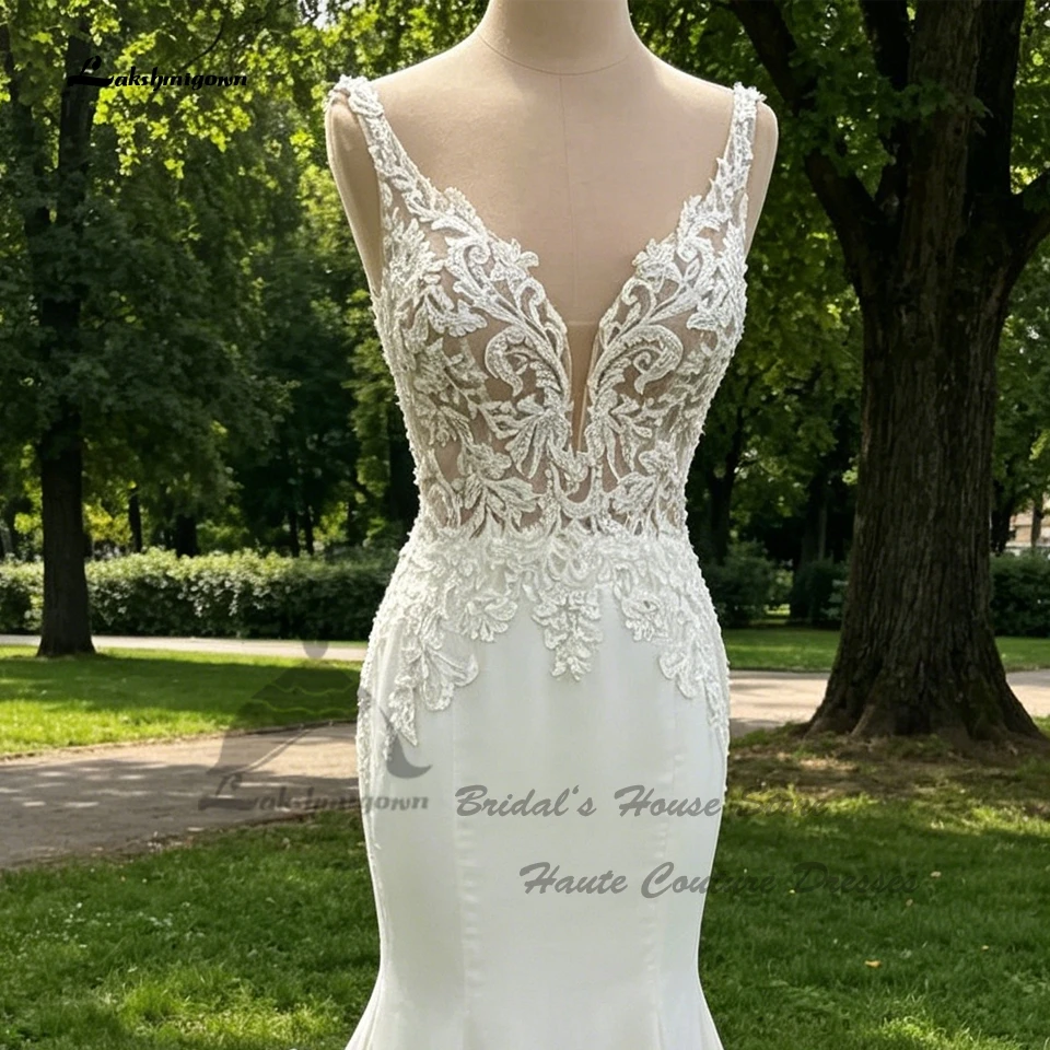 Lakshmigown Civil Lace Boho Meerjungfrauen-Hochzeitskleider 2026 V-Ausschnitt Sexy Brautkleider Chiffon Perlenstickerei Spaghettiträger Maßanfertigung – Detail 3