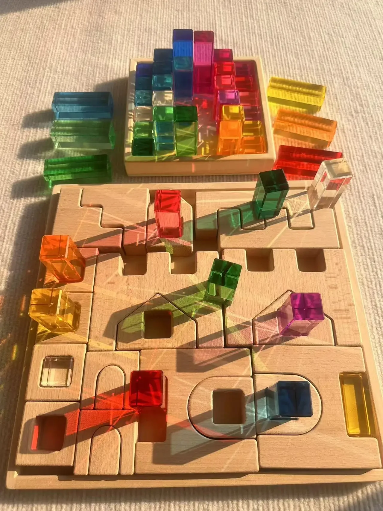 Houten bouwstenen set stapelen kasteelspeelgoed met transparante blokjes regenbooghout bomen dieren giraffe voor kinderen - afbeelding 2