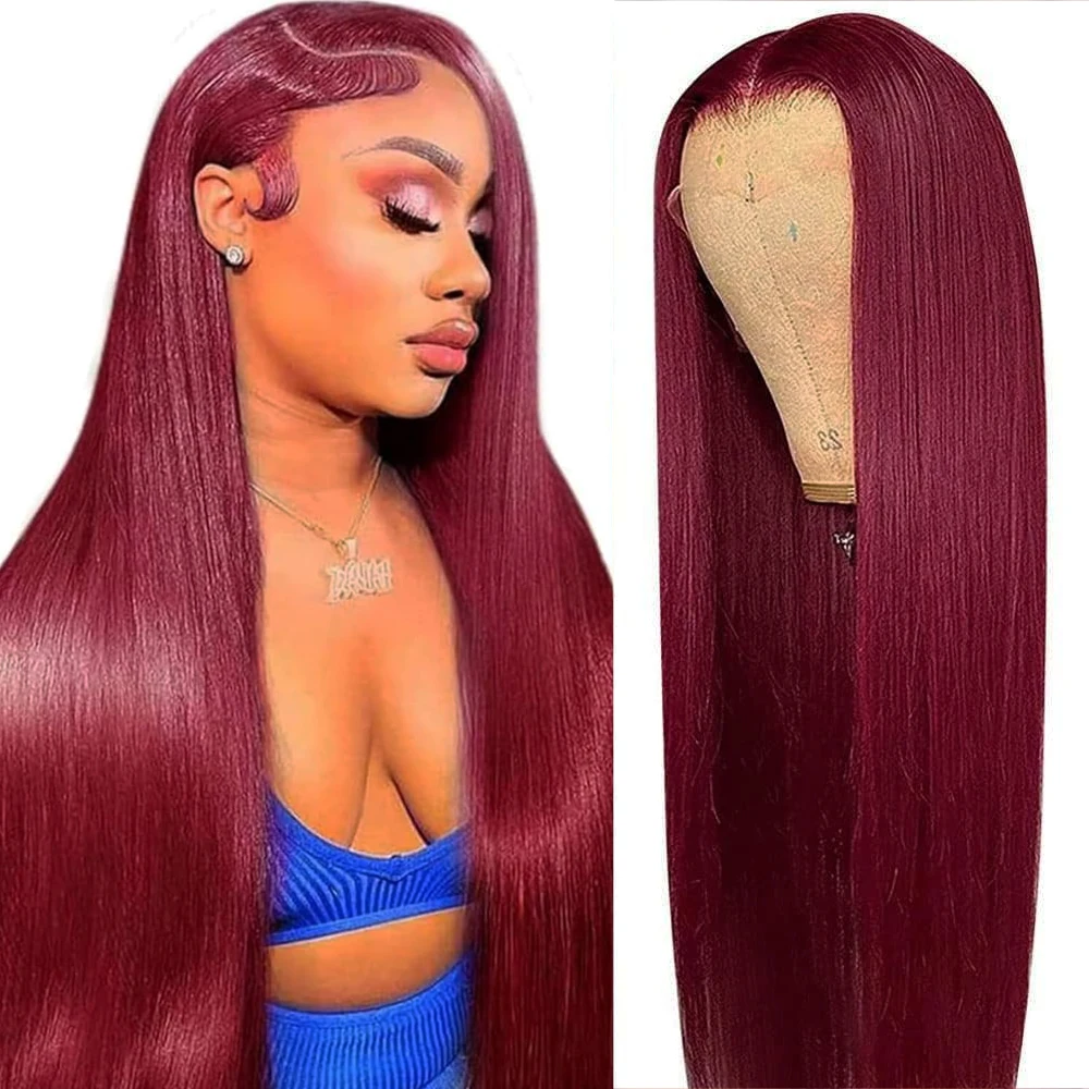 

Long Straight Lace Front Wigs for Women Natural Hairline 99J Burgundy Colored Glueless Synthetic Lace Frontal Wigs Party Daily