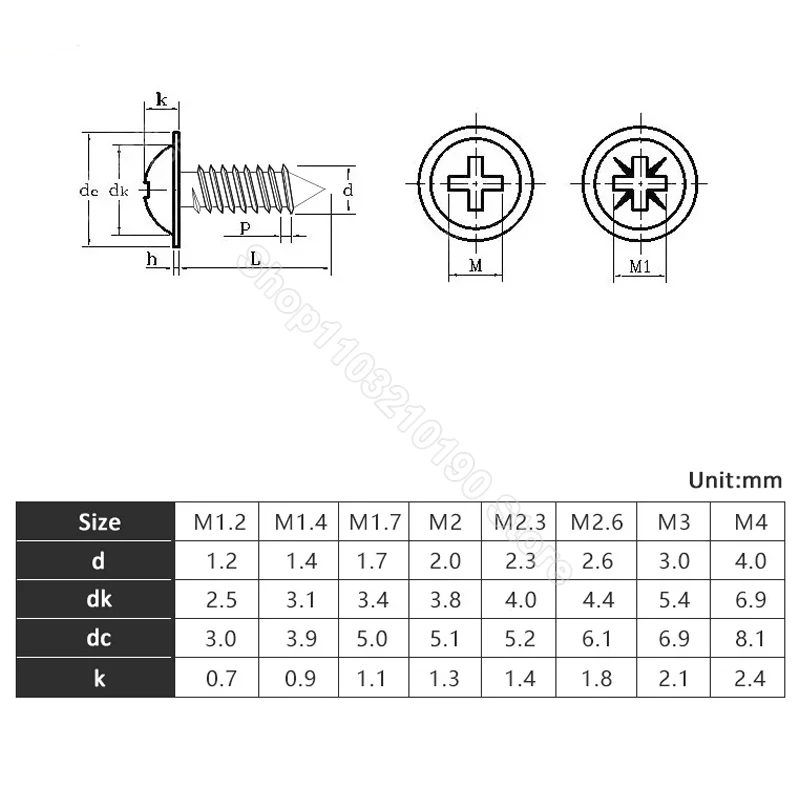 M2 M2.3 M2.6 M3 M4 Stainless Steel Cross Phillips Round Pan Head With Washer Pad Collar Self-tapping Wood Screw L 4,5,6,8-20mm