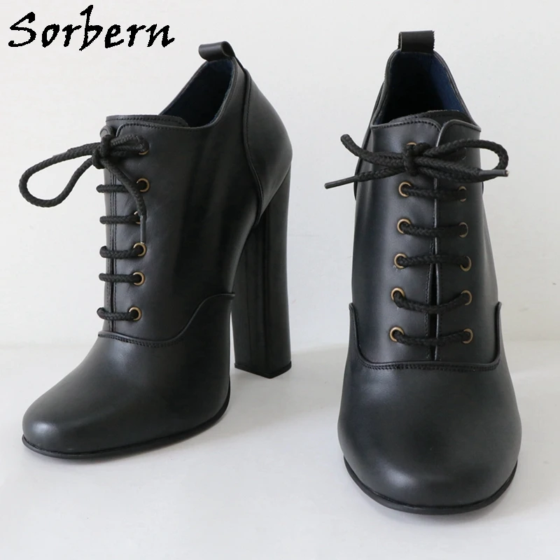 Sorbern Real Leather Pump Shoe Unisex Block High Heel Round Toe Lace Up Fetish Chunky Heeled Black 16Cm Shoe Custom Colors