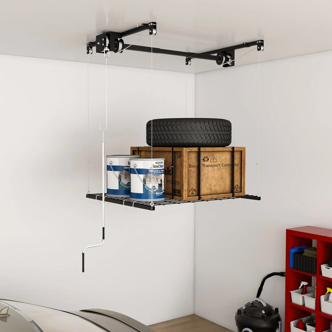 Stalen ophangrek voor garageloft, 1,2x1,2m, hangend opslagrek, draagvermogen 113kg met handmatige veiligheidsvergrendeling, flexibel opslagrek met krukkenmechanisme, hoogte 3-3,6m