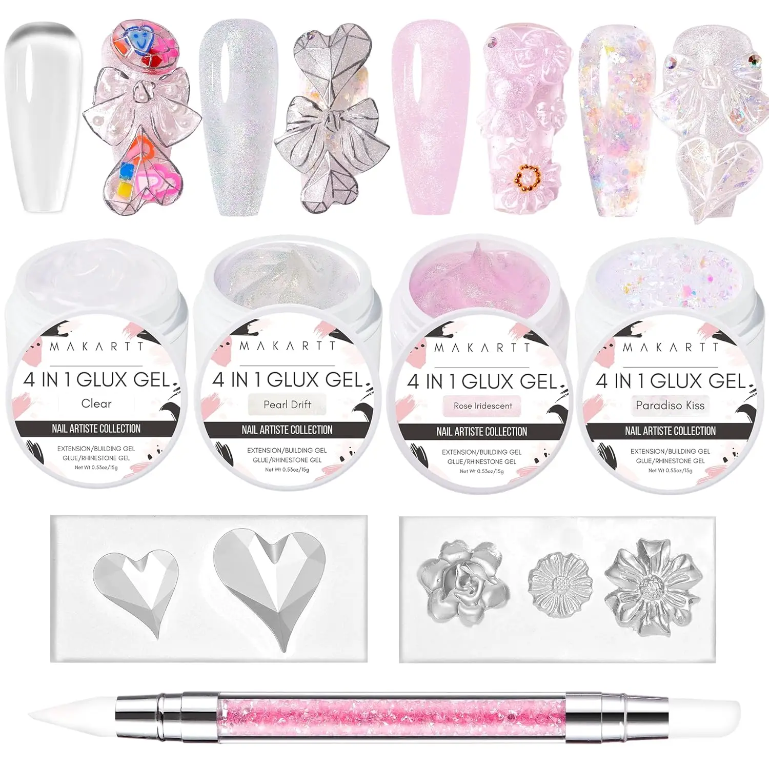 

Makartt 3D Nail Gel Art for Nails Starter Kit: 4 Colors 3D Sculpting DIY Manicure Solid Gel Builder Clear and Shimmers