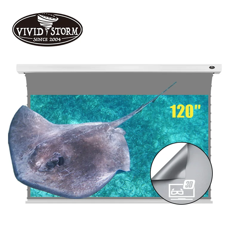 VIVIDSTORM 120 inch Slimline Electric Tab-tensioned pull down 3D obsidian ambient light rejecting screen material for projector