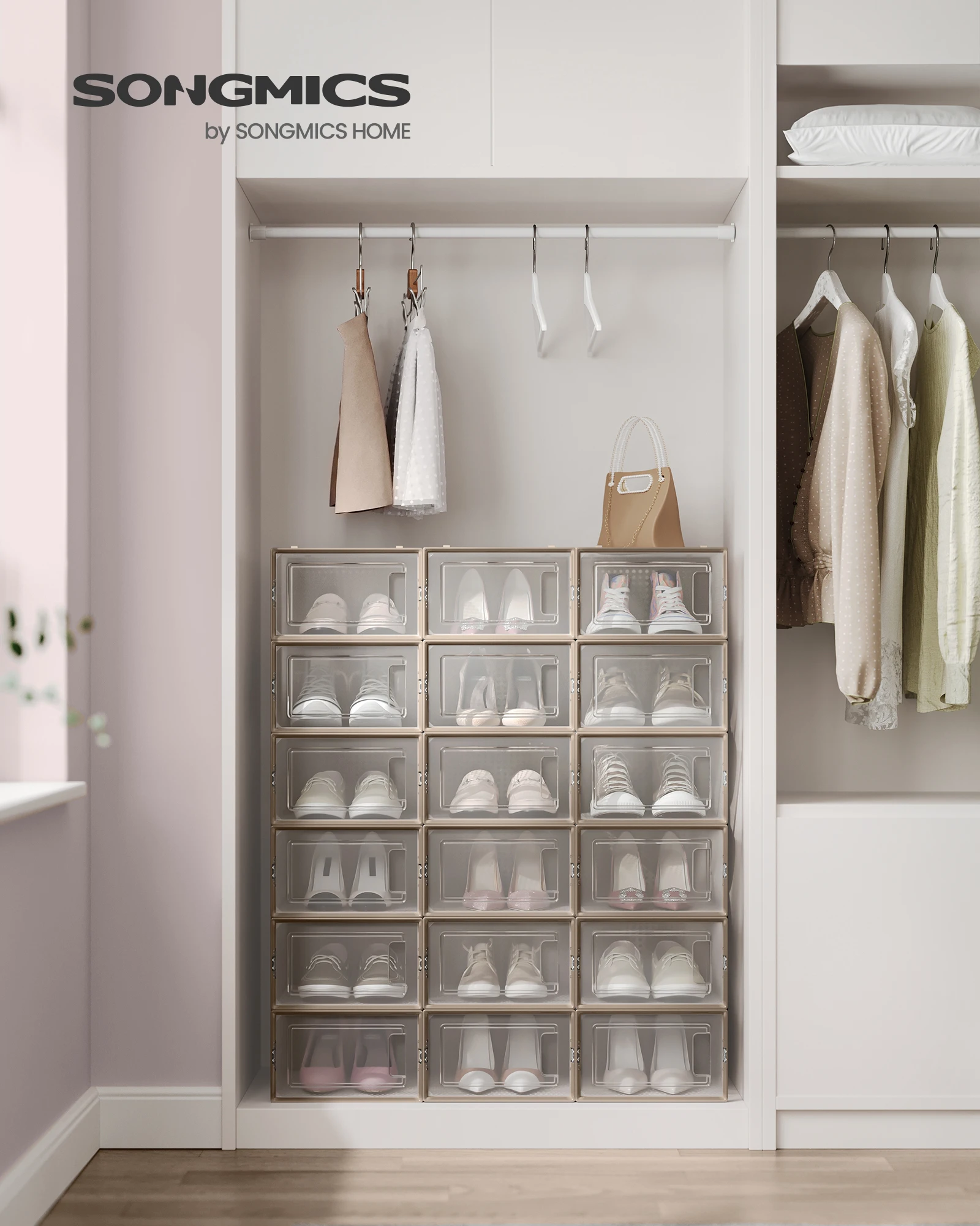 SONGMICS Boîtes à Chaussures, Lot de 18, Rangement Chaussures, Pliable, pour Pointure Jusqu’à 44