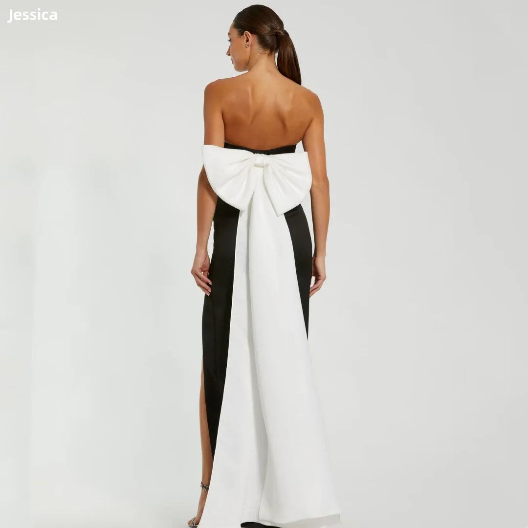 

Jessica White Bow Evening Dresses Pleated Mermaid Black Prom Dresses Side Slit Women's Wedding Party Dresses Customized