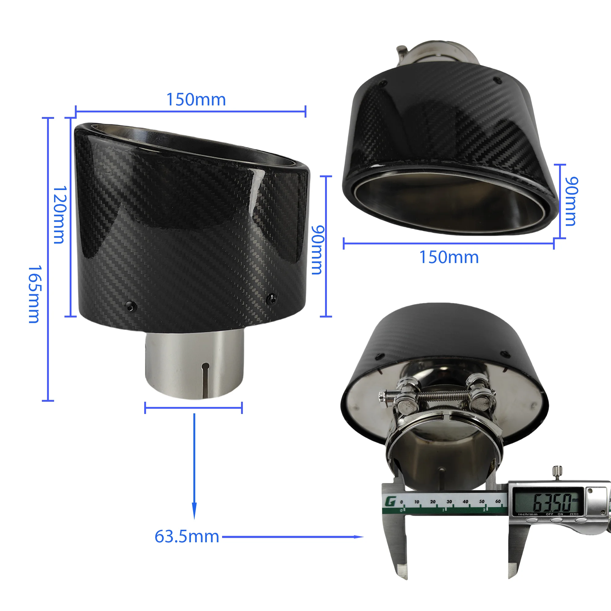 1 Stuks Universele Auto Glanzend Koolstofvezel Uitlaat Tip Uitlaatpijp Nozzle Decoratie Roestvrij Zilver Ovaal 150 Mm Kantelen links Rechts