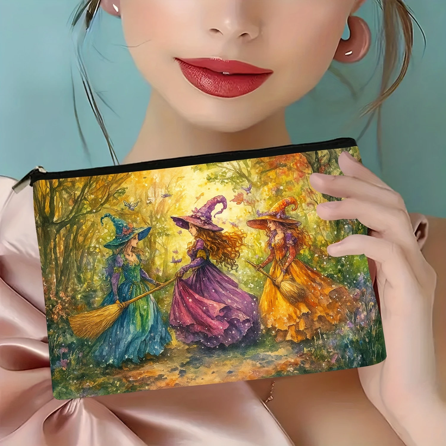 1Pc Fantasy Witch Forest Retro Design Multifunctional Travel Makeup Bag, Snack Storage Bag, Stationery Storage Bag, Fashionable Toiletry Bag, Canvas Double-Sided Printed Zipper Pouch