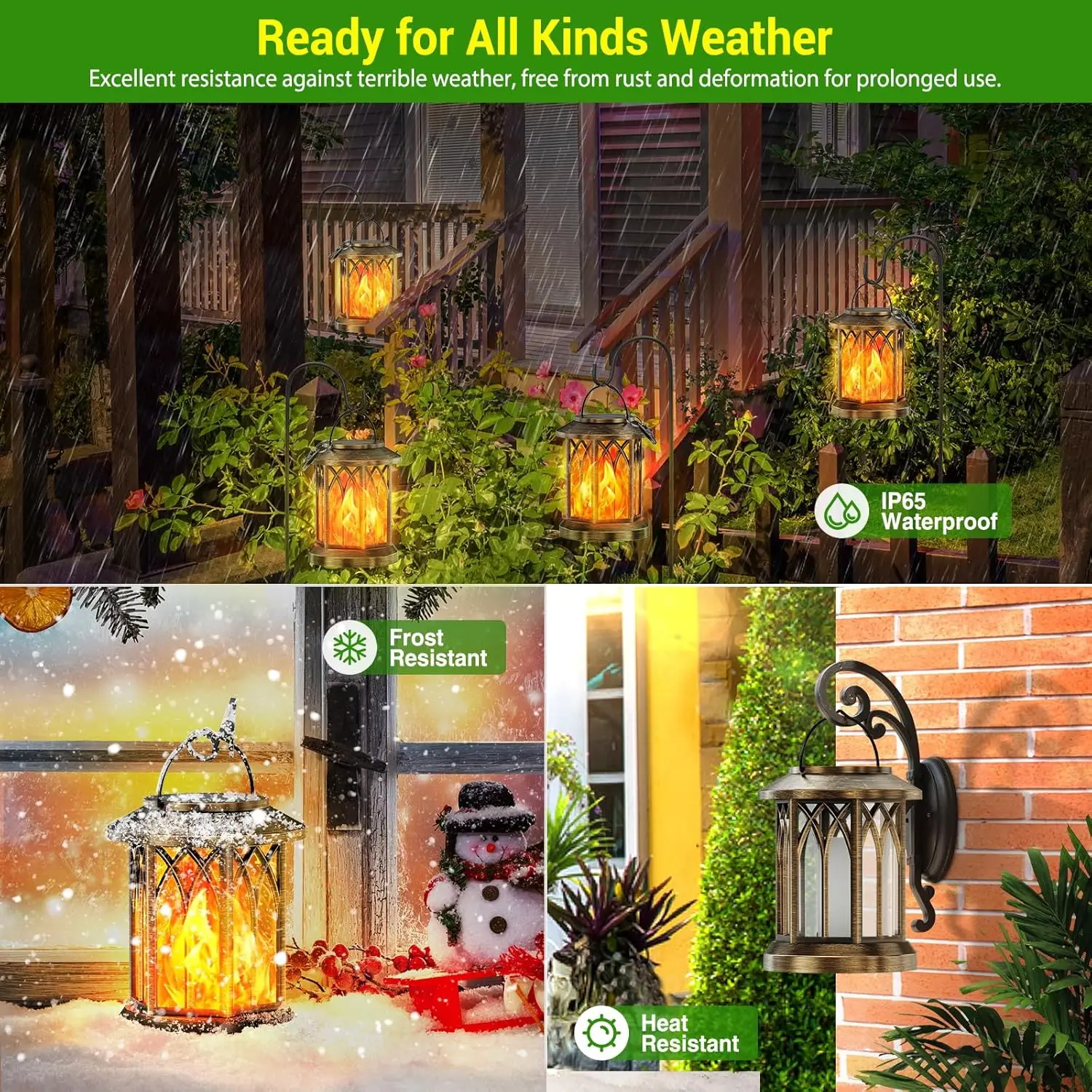 Waterproof Flickering Flame Solar Lantern Outdoor, Auto On/Off Hanging Bronze Lantern for Yard Garden Patio Table Decor
