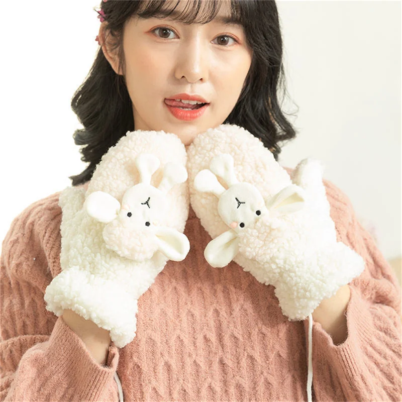 1Pair Women Girl Lovely Gloves Winter Plush Korean Sheep Gloves Faux Fur Cute Full Finger Thick Gloves Mittens Christmas Gloves