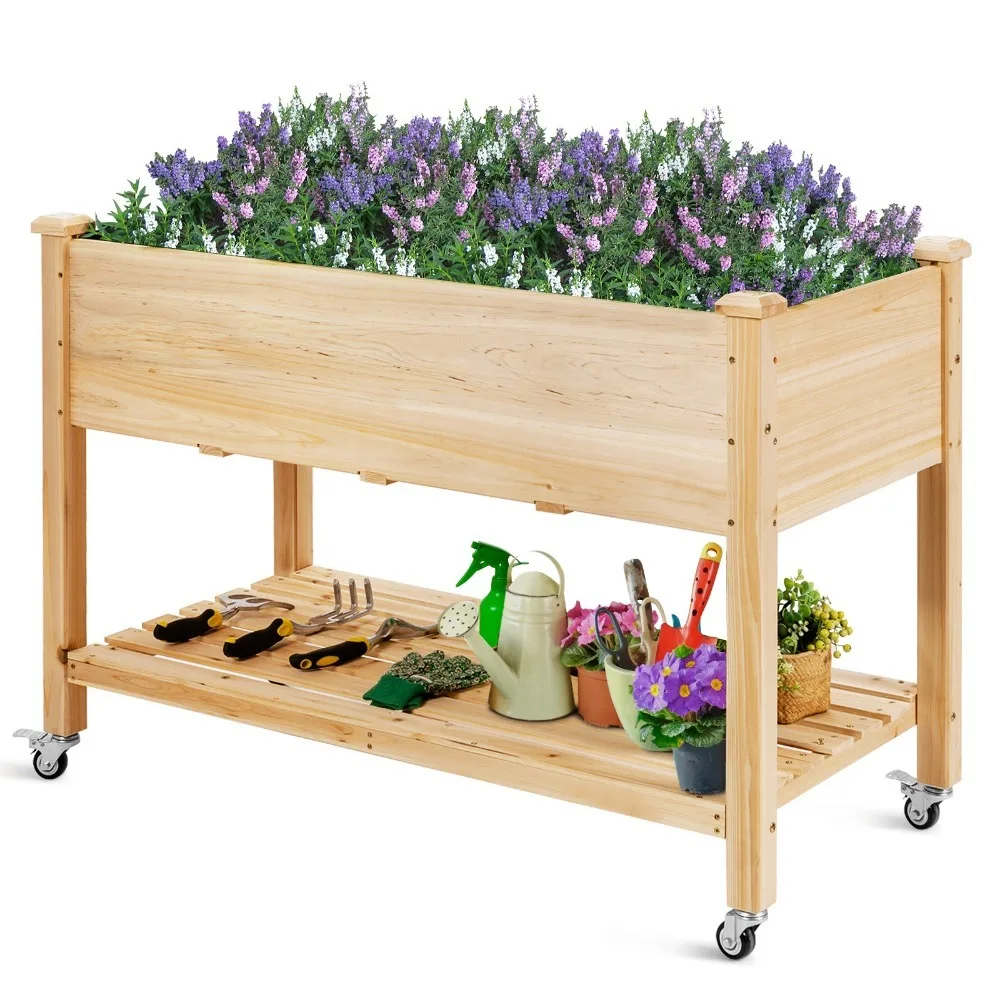 Raised Garden Bed Wood Elevated Planter Bed w/Lockable Wheels Shelf & Liner